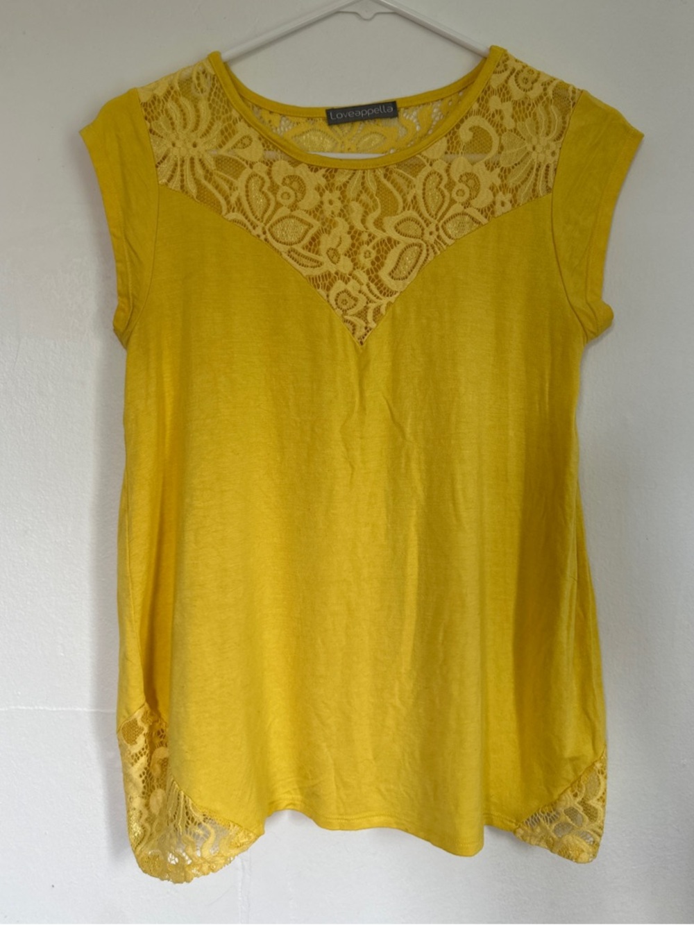Loveappella Lemon Lace Yoke Cap Sleeve Top